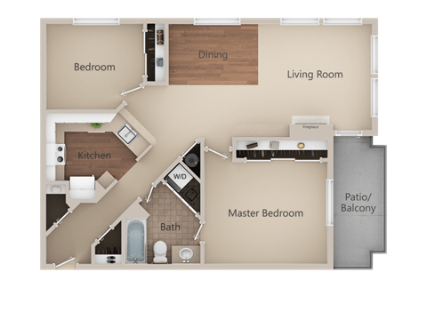 Floor plan for 2 beds, 1 bath, 930 sqft